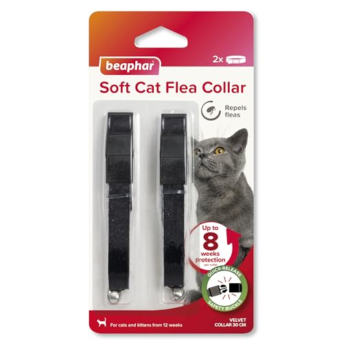 Beaphar Soft Flea Collar for Cats Twin Pack - Repels Fleas For up to 8 Weeks Adjustable Fit With Quick Release Safety Buckle For Cats From 12 Weeks of Age 2 x Velvet Collar Colour May Vary