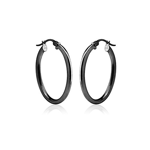 Black Flashed Sterling Silver 2Mm Oval Square-Tube Hoop Earrings, 20Mm #TOP1