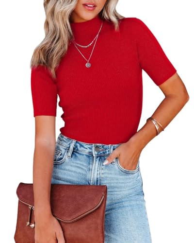 Image of Lacozy Women's Mock Neck Short Sleeve Ribbed Knit Pullover Sweater Tops