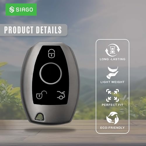 Image of SIAGO TPU Key Cover and Round Key Chain Compatible with Mercedes Benz C E M S CLS CLK GLK GLC G Class 3 Button Flip Key (Grey)