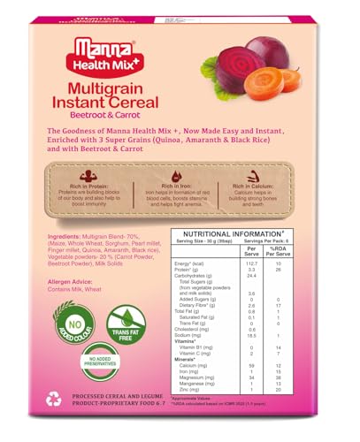 Image of Manna Health Mix Instant Multigrain Cereal, Beetroot & Carrot with Milk.Made with Real Vegetables and 8 super grains and millets. No Added Sugar, No Artificial Color, Flavors 200g (Pack of 3)