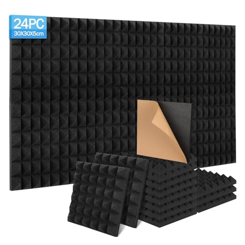 Sound Proofing Panels 24 Pack - 30x30x5cm Soundproofing Panels Self Adhesive, High Density and Fire Resistant Acoustic Wall Panels - Acoustic Foam Panels for Studio, Recording, Home, Offices
