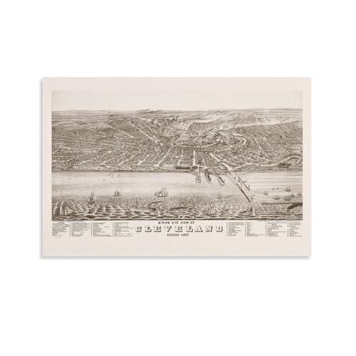 LZTEN Mapa antiguo de Cleveland   Mapa vintage de Cleveland Ohio   Póster de mapa antiguo para pared, pinturas al óleo, 30 x 45 cm