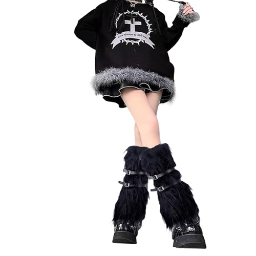 Stulpen Damen Kunstpelz Plüsch Beinwärmer Fur leg Warmers with Gürtel Furry Fuzzy Beinstulpen fell stulpen bein für Winterwärmer Karneval Fasching Mottoparty Verkleidung (Schwarz Einheitsgröße)