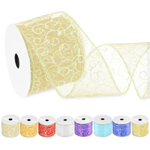 Swpeet 2-1/2 pulgadas × 10 jardas champaña remolino brillo cinta con alambre, organza Sheer cinta con borde metálico de oro, cinta con alambre de Navidad para la decoración artesanía