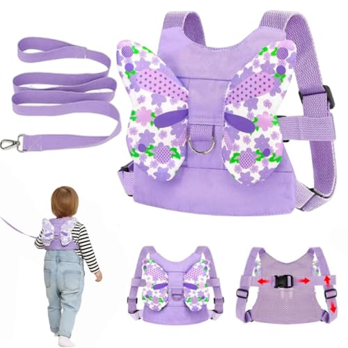 EYWILYWI - Arnés para caminar para bebé y correa antipérdida, correa para niños, anticaída y antipérdida con correa de seguridad desmontable y alas de mariposa brillante (violeta)