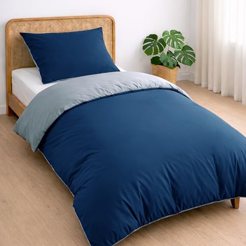Dreamzie Housse de Couette 140x200 Réversible en Coton - Bleu Fon...