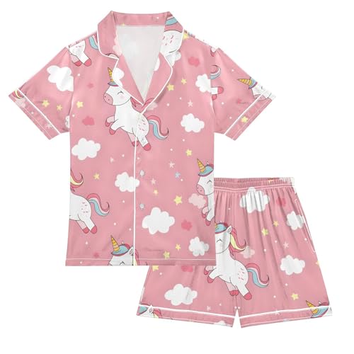 ALAZA Cute Unicorn Star Cloud Pajamas Satin Pajama Set Short Sleeve Button Down Sleepwear