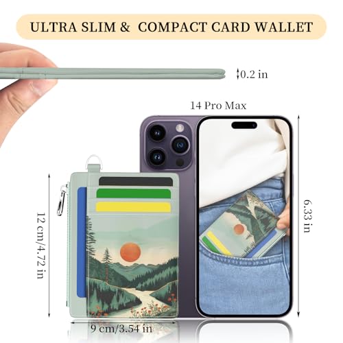Image of Hancynir Slim Wallet Women Credit Card Holder, Mountain Sunset RFID Blocking Small Mini Card Wallets, Cute Front Pocket PU Leather Card Case, Thin Travel Zipper Coin Cash Ladies Female Wallet Gifts