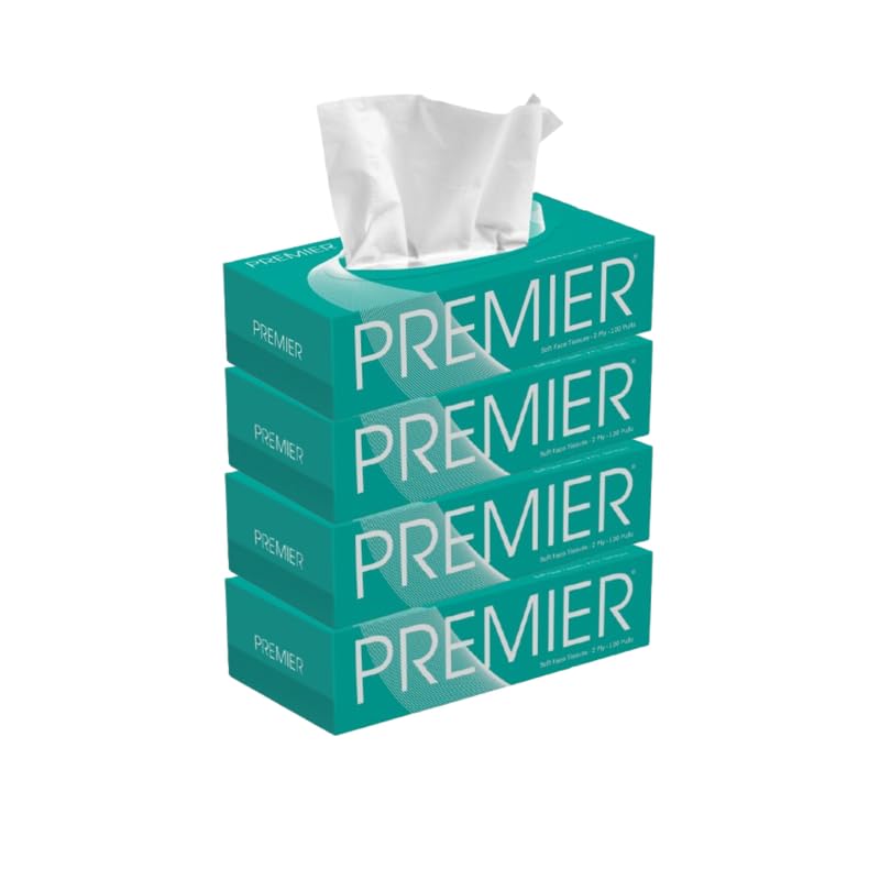 Image of Premier 2-Ply Box Face Tissue Papers - 100 Pulls per Box (Pack of 4, 400 Pulls, 800 Sheets) -Ultra Soft, Gentle & Highly Absorbent Facial Tissues for Home, Office, Car & Travel | Green