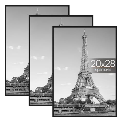 Image of upsimples 20x28 Picture Frame Black 3 Pack, Scratch-Proof Poster Frames 20 x 28 for Photo Gallery - Slide-In Strips, Horizontal or Vertical Wall Mounting