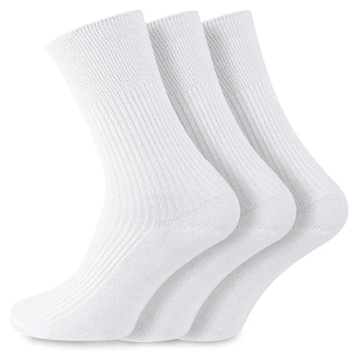 Image of Socksmad Men's Non Elastic 100% Cotton Socks - Soft Top Diabetic Friendly - 3 Pairs Sizes UK 6-11, White - Gentle Grip, Smooth Toe Seam - Breathable, Secure Fit - Ideal for Swollen Feet - Gift for Men