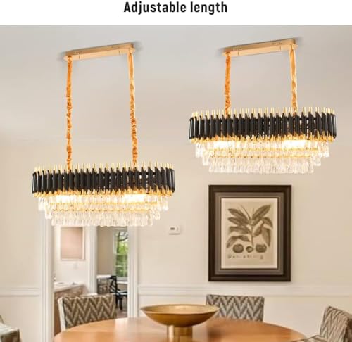 Image of Luxurious 800X300mm Black Gold Modern Chandelier with K9 Crystals | Warm White, Moonlight & Golden Light | Ceiling Hanging Light for Living Room, Dining Room, Bedroom, Hallway