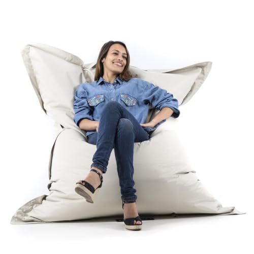 LIVEDECO - Pouf Géant Beige BiG52 Classic 170x130 cm - Déhoussable, Intérieur/Extérieur, Rempli de Billes de Polystyrène