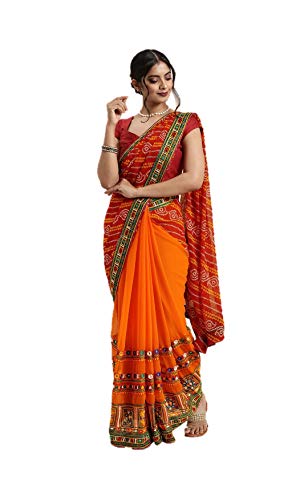 Nitimatta Sari pour femme avec chemisier ethnique indien cadeau de mariage, rouge/orange, décousus
