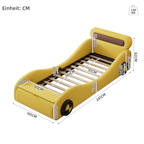 Autobett Kinderbett Jugendbett 90x200, Polsterbett Einzelbett mit leuchtenden Rädern&Stauraum, Aufregendes Auto Kinderbett für kleine Rennfahrer, Kinder Spielbett mit Lattenrost, PU,Ohne Matratze,Gelb