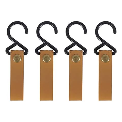 4 Pcs S-Shaped Metal Hook with Leather Fixed Rope, Portable Camping Hook Heavy Duty Hangers for Outdoor Camping Hiking Cookware Tableware Rack Cover