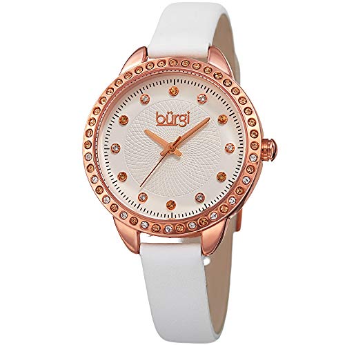 Burgi Swarovski Crystal Accented Women’s Watch with White Genuine Leather Skinny Strap – Studded Bezel and Dial with Embossed Pattern – Japanese Quartz – BUR161WT -  TWI Watches, LLC