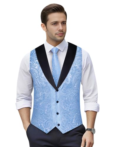 Image of DiBanGu Mens Paisley Suit Vest Silk Jacquard Waistcoat and Necktie Set Formal Shawl Collar Dress Vest 7PCS for Wedding Party