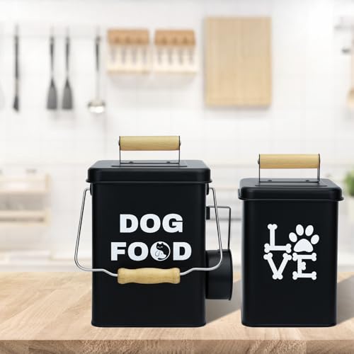 Set Von 2 Metall-Hundefutterbehältern-24,5x14,5cm&21,8x12cm, Schwarz Großer Niedliches Leckerli-Glas Mit Deckel, Inklusive Löffel und Hundespielzeug, Futterbehälter Haustiere Für Küchenarbeitsplatte