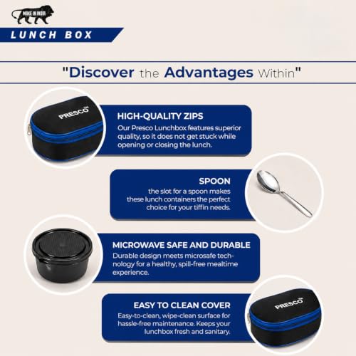 Image of PRESCO Insulated Lunch Box Set (2 Microwave Safe Inner Steel Containers, 450ml*2; with Steel Spoon) with Insulated Fabric Bag, Lunch Box for Office Use, Leak Proof, Tiffin Box for Men (Black)