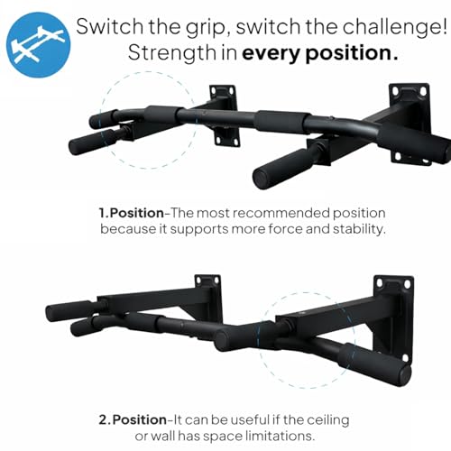OcioDual Wandgemonteerde optrekstang voor pull-ups en rugstrekkingen tot 200 kg, fitnessapparaat voor thuis, vast, zwart - Afbeelding 3