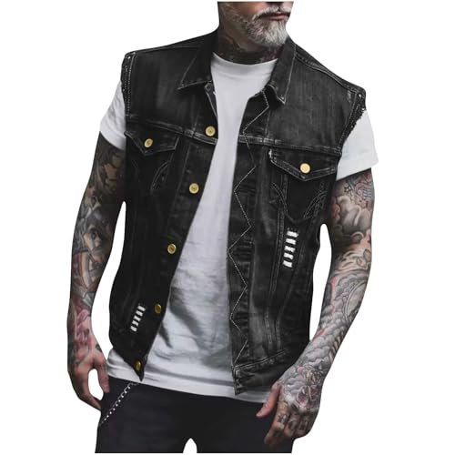 Xiaojmake Men's Casual Lapel Denim Vest Jacket Slim Fit Sleeveless Vintage Ripped Jeans Vests Button Cowboy Vest Outerwear