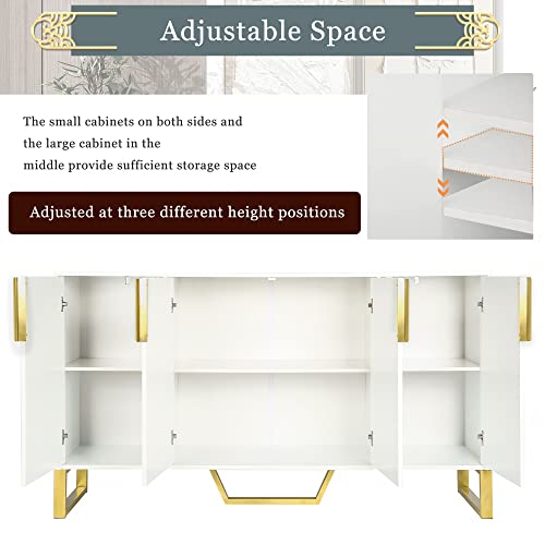P Purlove Modern Sideboard, Simple And Luxury Style Sideboard With Gold Metal Legs And Handles, Particle Board And Mdf Board Cabinet With 4 Doors And Adjustable Shelves (White) #TOP3
