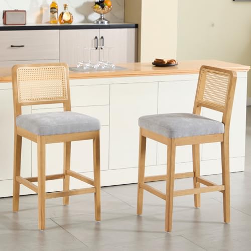 DAYALANE Tabouret de Bar avec Dossier en Rotin Lot de 2 Chaises de Bar avec Pieds en Bois Massif Tabourets Comptoir en Chenille pour Cuisine, Ilot Central, Gris