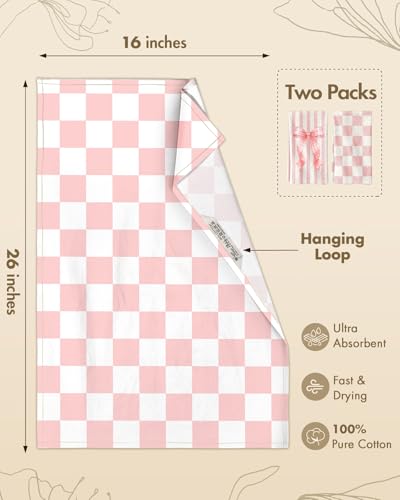Image of Miss Adola 2 Pack Flour Sack Kitchen Towels - 16x26 Inch Cotton Dish Towels with Hanging Loop Reusable Geometric Cute Modern Retro Tea Towel Absorbent Dishcloths Home Decor, Pink Bow