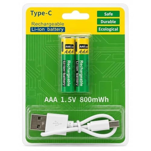 AAA Rechargeable Battery 1.5V Lithium Ion with USB Type-C Cable, 800 Mah Direct Chargeable Battery Cell with LED Light, Fast Charging AAA Battery for Toys Remote Clock (1 Pair)-picture-40