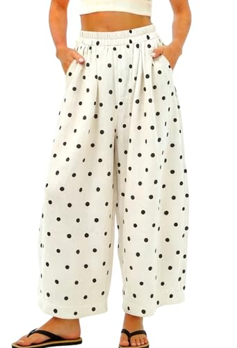 chouyatou Women Summer Boho Cotton Linen Polka Dot Pants Beach Elastic Waist Palazzo Wide Leg Barrel Pants (X-Large Beige Black)