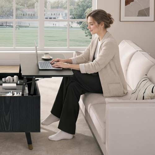 Image of JOINICE Square Lift Top Coffee Table with Storage for Living Room,Black | 32 inch Multi-functional Pop Up Center Table,Large Hidden Compartments with Solid Wood Legs,Lift to 23 inch,Hold 100lbs,Easy Assembly