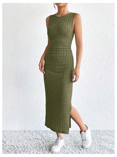 SOLY HUX Women's Casual Ribbed Knit Outfit 2 Piece Bodycon Tank Dress and Long Sleeve Long Cardigan Spring Fall Clothes3