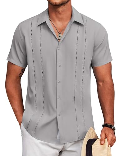 Image of COOFANDY Mens Cuban Guayabera Shirt Short Sleeve Button Down Shirts Summer Beach Vacation Shirts