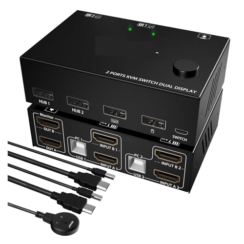 KVMスイッチ 2入力2出力 デュアルモニター スイッチ 2台のコンピューターまたはノートパソコンのモニターを制御 デュアル入力ディスプレイ 幅広い互換性