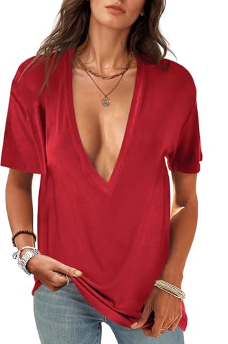 Image of UNCLECAT Womens Deep V Neck T Shirts Summer Oversized Short Sleeve Tops