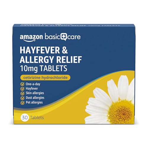 Amazon Basic Care Hayfever & Allergy Relief 10mg Tablets Cetirizine Hydrochloride 30 Tablets (Pack of 1) - Effective Relief from Hayfever Skin Allergies Dust Allergies and Pet Allergies