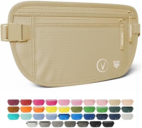 Vantamo Bauchtasche Damen Ultraflach mit RFID-Schutz, Geldgürtel für Reisen mit 2 Fächer und Verstellbarem Gurt, Hüfttasche Herren für Laufen und Wandern Passt für Reisepass, Barge