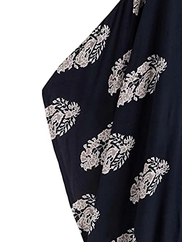 Women Half Sleeve Floral Casual Loose Kimono Cardigan Cotton Wrap Beach Cover ups (XX-Large, Deep Blue)