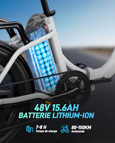 DYU C9 Vélo Électrique,20" Velo Electrique Homme avec 48V 15.6Ah Batterie,748.8WH, Moteur 250W, Ebike Autonomie Jusqu’à 80-150KM,7 Vitesses, Velo Pliant Adulte,VTT Electrique Adulte Femme – Image 3