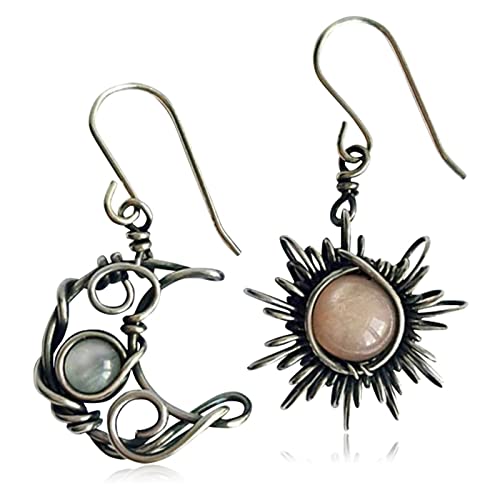 Boucles d'oreilles à crochet en argent de style vintage, soleil et lune, style bohème, pierre de lune céleste, boucles d'oreilles pendantes asymétriques en argent vieilli pour femme, Zinc Cover