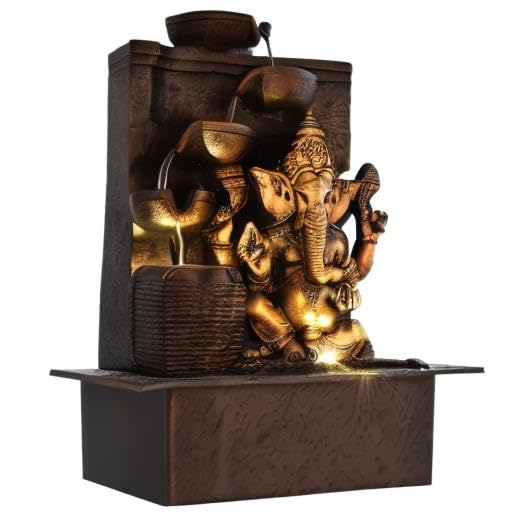 Image of Ganesha Polystone 5-Steps Indoor Table Top Fountain with LED Lights and Water Pump (Brown, Golden, 40 X 31 X 23 cm)