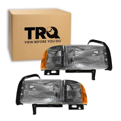 Image of TRQ 2 Piece Headlight Assembly Set Chrome Bezel Driver & Passenger Side Compatible with Dodge Ram 1500 Ram 2500 Ram 3500 1994-2002 CH2502101 CH2503101 55076748AD 55076749AD 55076748AO 55076749AO