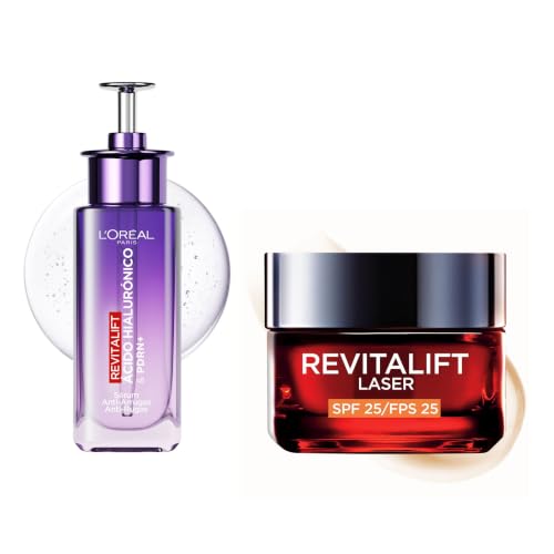 Pack L'Oréal Paris Revitalift Láser Crema de Día Anti-Edad Triple Acción, Protección Solar SPF 25, 50 ml + L'Oréal Paris Sérum Antiedad Revitalift Filler (+ Ácido Hialurónico Puro), 30 ml