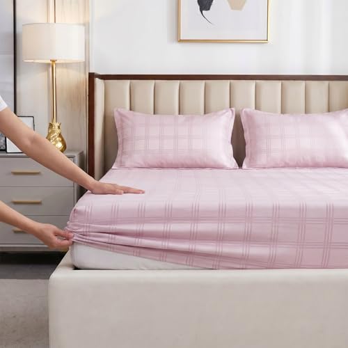 Image of Urban Space 100% Cotton 300TC Jacquard Fitted bedsheets for King Size Bed, Pure Cotton Bedsheet King Bed, Checks Fitted bedsheet King Size with 2 Pillow Covers (72 x 78 Inches, Pink Checks)