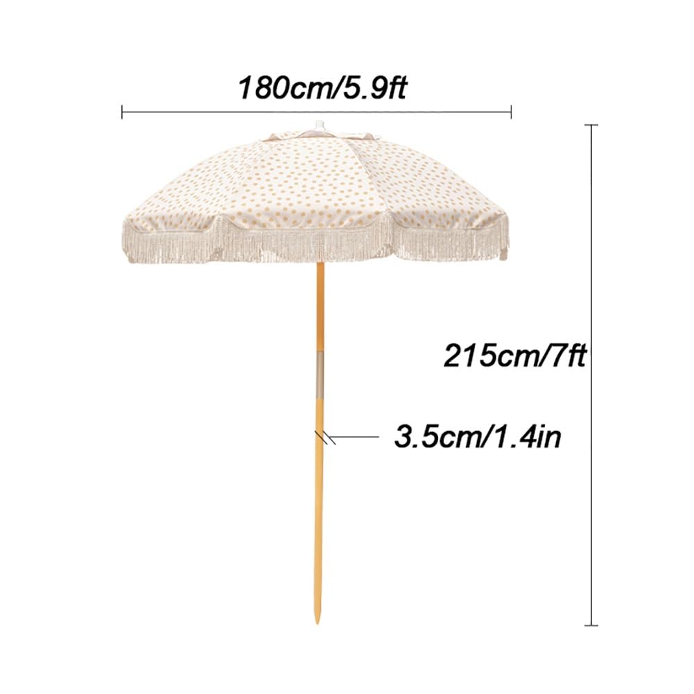Sombrilla de jardín con flecos de 180 cm, sombrilla de jardín de lunares amarillos con protección UV 50+, sombrilla de playa antiviento, sombrilla plegable con poste de madera