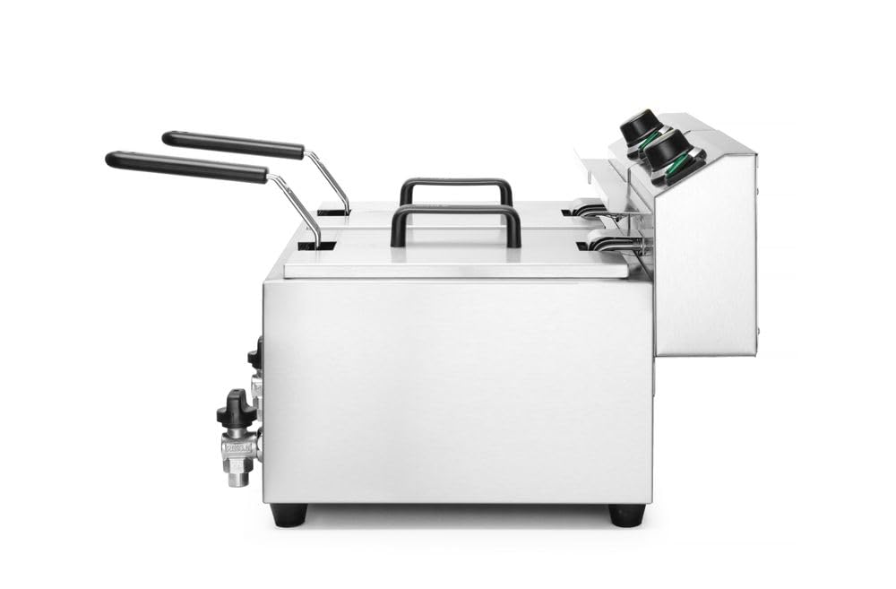 HENDI Freidora eléctrica, T ajustable hasta 195°C, termostato de seguridad, zona fría, con tapa y cesta de freír, con grifo de drenaje, 2x8L, 230V, 2x3500W, 605x515x(H)345mm, acero inoxidable 18/0
