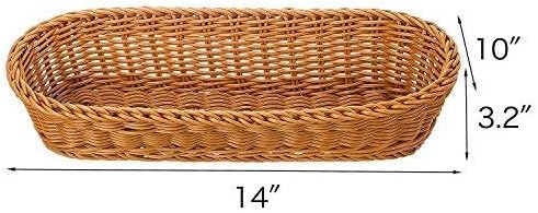 2 Set 14.5" Poly-Wicker Bread Basket, Long Woven Tabletop Food Serving Basket, Honey Brown - Set of 2