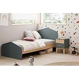 Pack Chambre composé du Lit 90x190cm, et du Chevet 2 Tiroirs, Coloris Gris Vert et Naturel de la gamme Kaina.